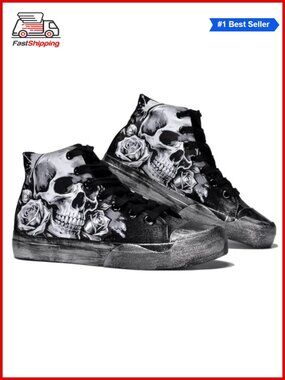 🎅 Skull Rose Gothic High Top Canvas Sneakers Lace Up Walking Shoes